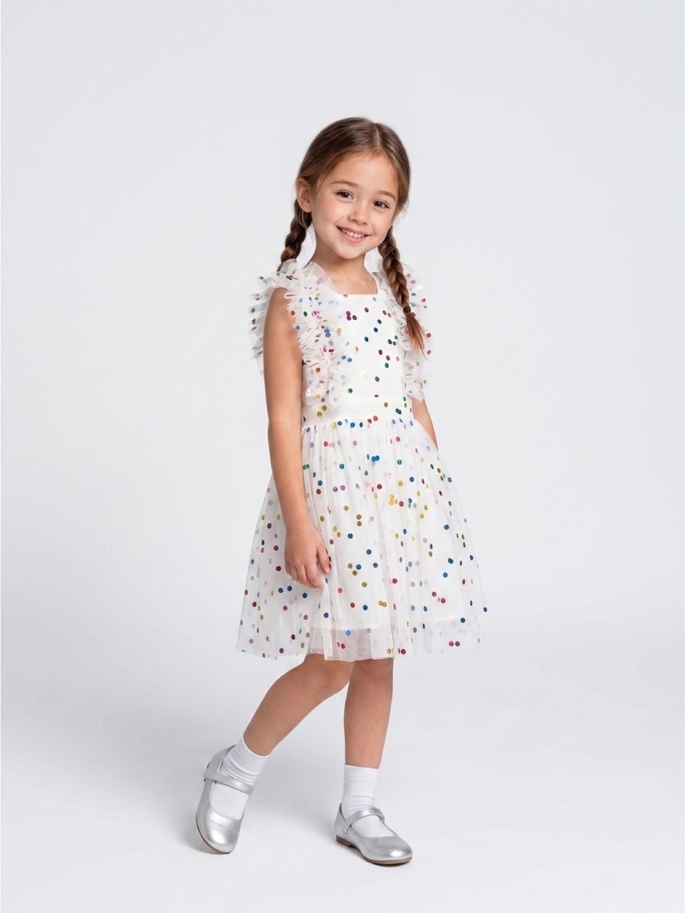 Girls White Tulle Party Dress Size 130 Rainbow Sequin Polka Dot Ruffle